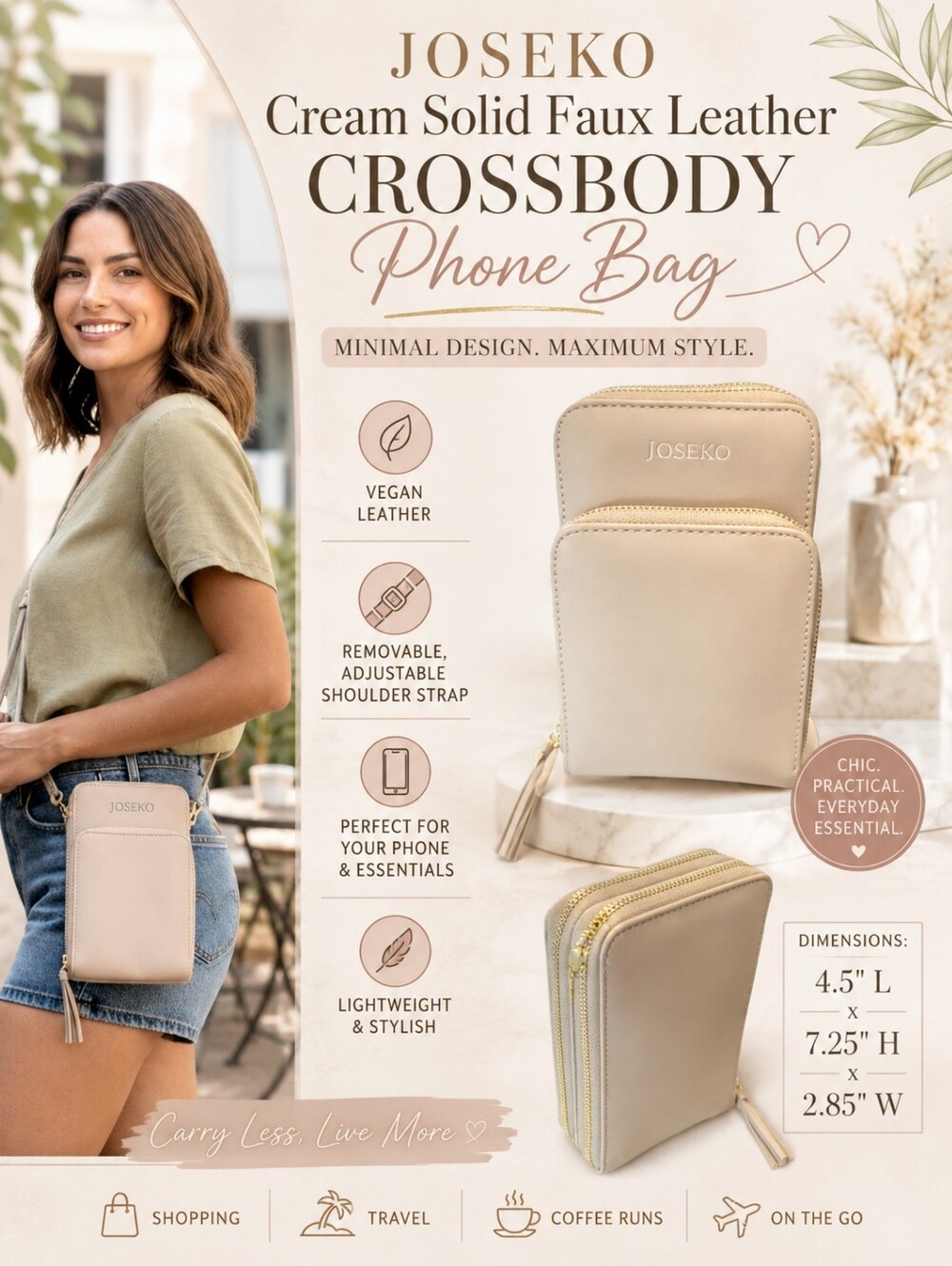 Joseko Cream/Tan Solid Faux Leather Crossbody Phone Bag NWOT